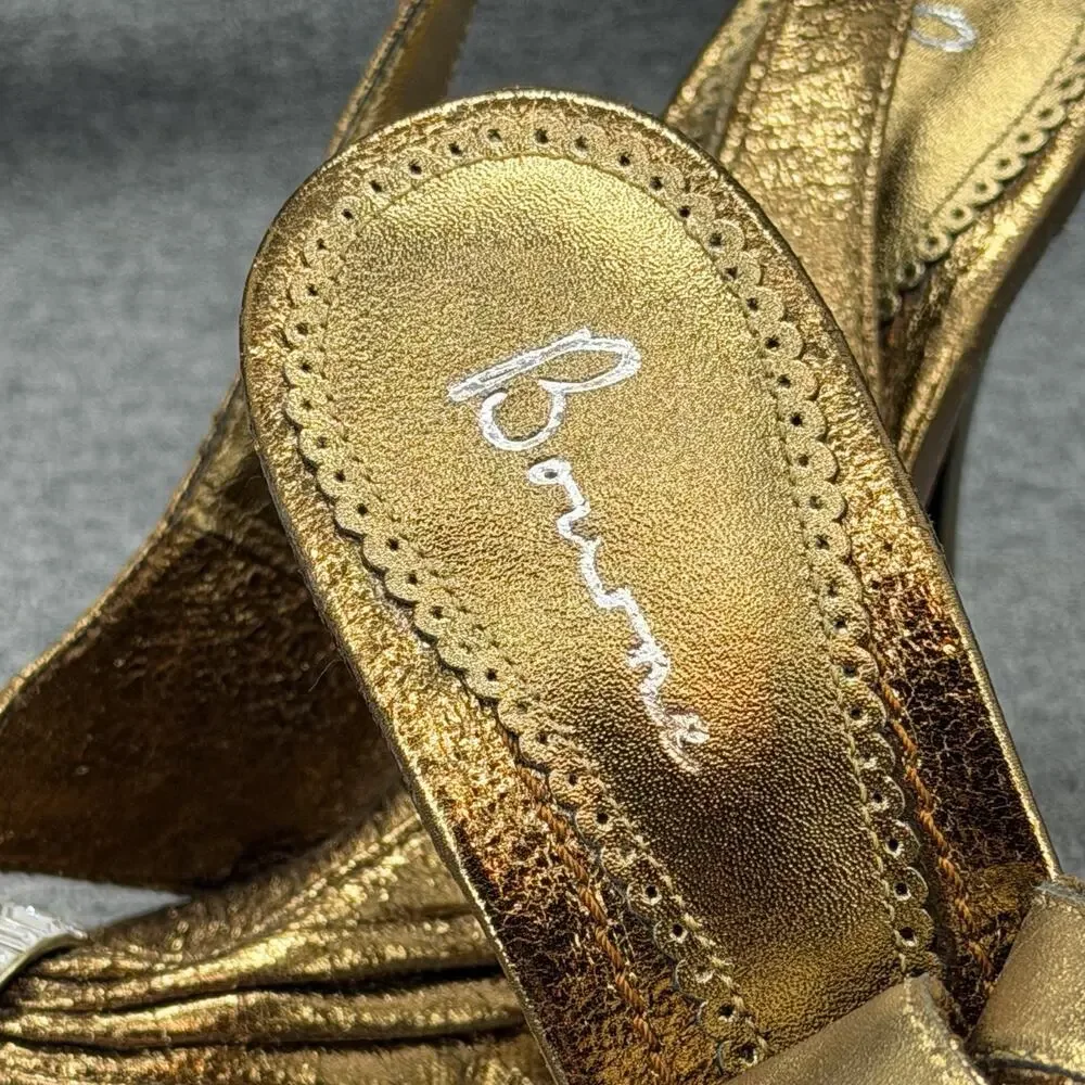 Bourne Leather Slingback Peep Toe Shoes Size 37 Metallic Gold Rhinestone Heels